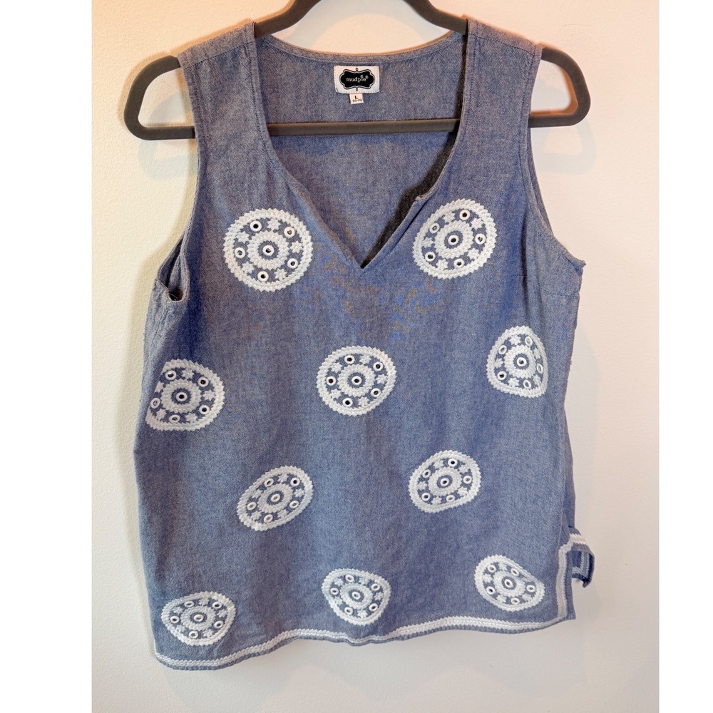 Mud Pie Blue Cotton Embroidered Medallion Eyelet Sleeveless Tunic Top Large